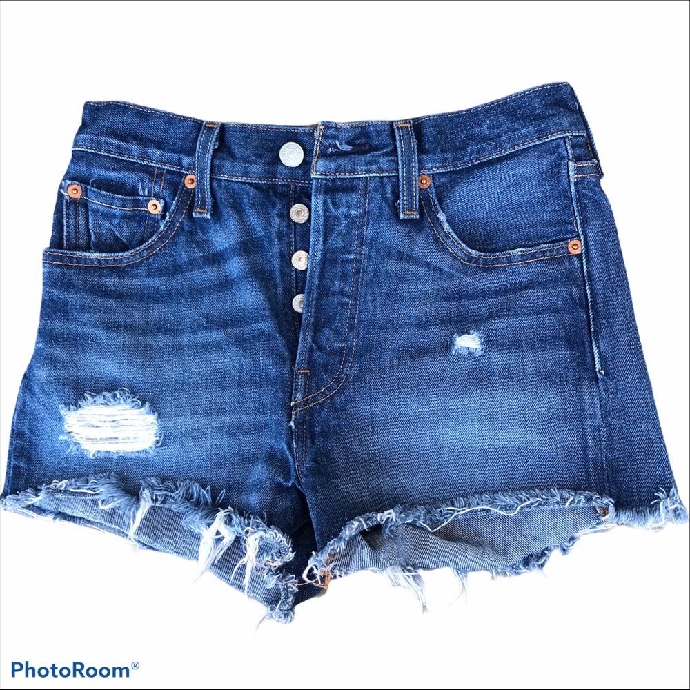 Levi’s 501 Distress Blue Denim Cutoff Shor…